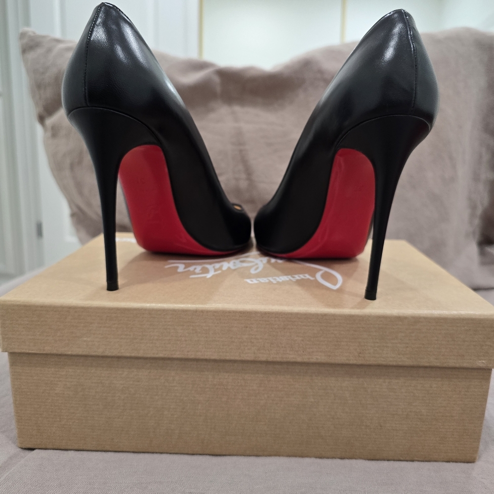 Christian Louboutin Kate 100 Nappa Leather Black Pointy Toe Pumps Heels Size 37 - Picture 2 of 12